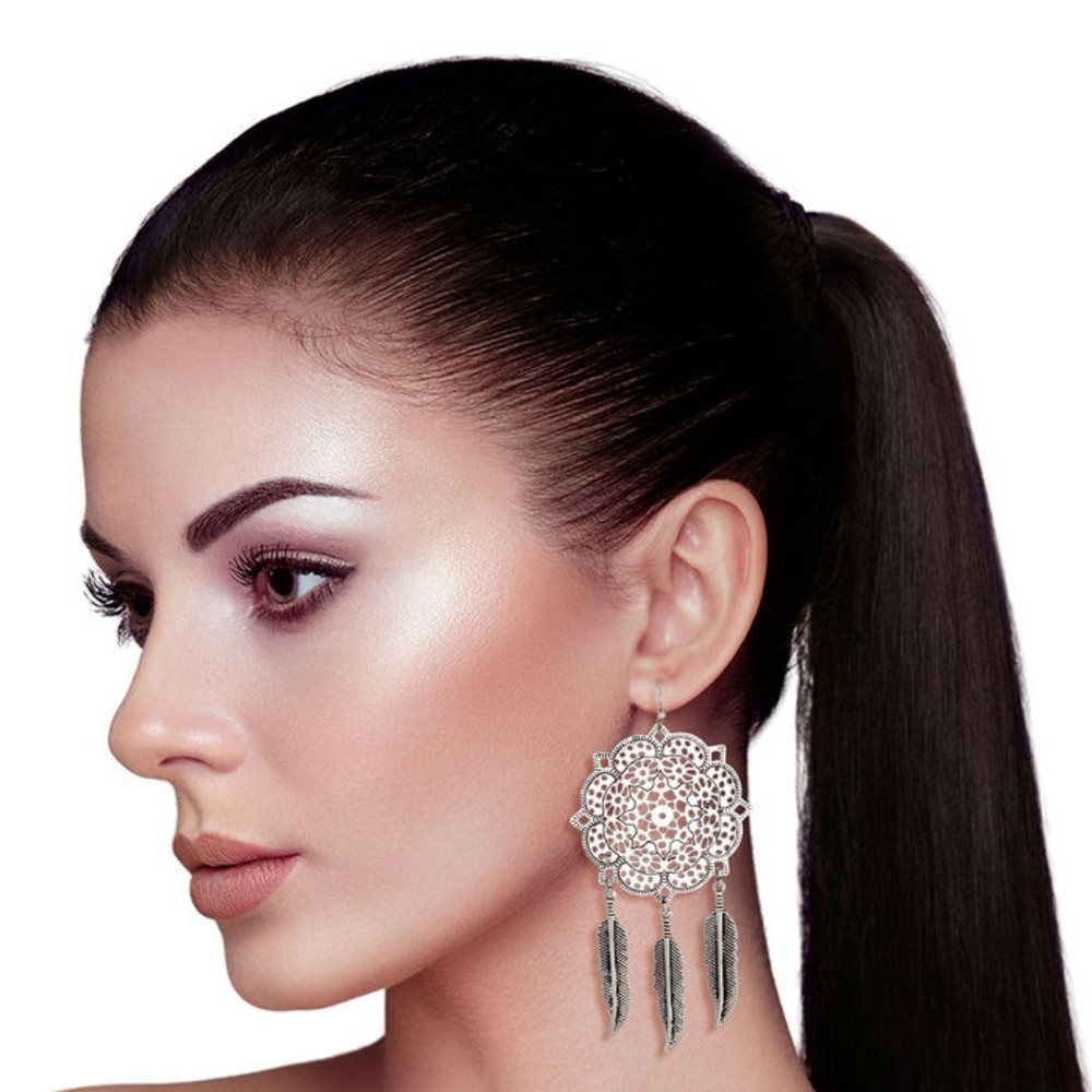 Boho Mandala Feather Earrings
